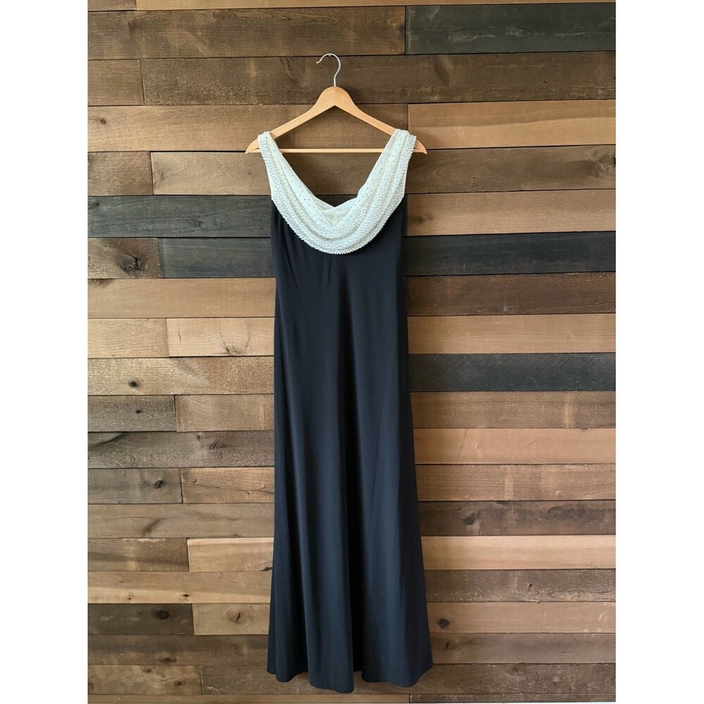 Vintage Cachet Black Beaded Cowl Back Formal Gown Y2K Evening Dress